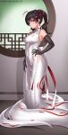 apode armwear asian_clothing black_clothing black_gloves black_handwear breasts chinese_clothing chinese_dress clothing draconcopode dress east_asian_clothing elbow_gloves female gloves handwear hi_res humanoid lamia legless light_hair medium_breasts midnight_byx nipple_outline purple_eyes reptile scalie serpentine snake solo split_form text url