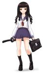  bag black_hair brown_eyes highres itoshiki_rin katana kazu legs long_hair sayonara_zetsubou_sensei school_bag school_uniform skirt socks solo sword weapon 