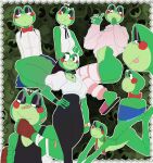 all_fours amphibian anthro band-aid band-aid_on_face band-aid_on_nose bandage bandage_on_face bandage_on_nose bedroom_eyes black_eyeshadow blep bottomwear bow_tie butt choker clock clothing collared_shirt dress_shirt eyeshadow female fingerless_gloves freckled_back freckles frog glitch_productions gloves green_body green_skin hand_on_hip handwear hi_res jewelry makeup multiple_outfits narrowed_eyes necklace red_cheeks ribbit_(tadc) seductive shirt skirt slim_anthro slim_female sloum solo sweater the_amazing_digital_circus tongue tongue_out topwear turtleneck watch wide_hips wristwatch