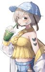  1girl blonde_hair blue_cape breasts brown_eyes cape commentary_request cup denim dress highres holding holding_cup indie_virtual_youtuber jeans kumano_plan midriff navel necktie pants partially_open_jacket shoulder_tattoo sticker sticker_on_face strapless strapless_dress tattoo yellow_dress 