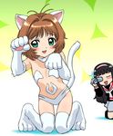  animal_ears aqua_eyes black_hair blush brown_hair camcorder camera cardcaptor_sakura cat_ears cosplay daidouji_tomoyo drooling felicia felicia_(cosplay) flat_chest green_eyes kinomoto_sakura kneeling multiple_girls paw_pose paws saliva short_hair sweatdrop tail thighhighs ueyama_michirou vampire_(game) 