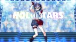  1boy :d ;d black_boots black_hair black_shorts black_socks blue_necktie bokura_wa_ima_no_naka_de boots center_frills commentary_request concert cosplay crossdressing crossdressing_(mtf) feet_out_of_frame fingerless_gloves frilled_boots frilled_shirt frilled_thigh_strap frills full_body gloves glowstick hair_ornament hairclip half-skirt holostars idol kanade_izuru lightning_bolt_hair_ornament lightning_bolt_symbol love_live! love_live!_school_idol_project male_focus navel necktie one_eye_closed open_mouth penlight_(glowstick) plaid_clothes plaid_skirt puffy_shorts red_gloves red_skirt shirt short_hair shorts skirt sleeveless sleeveless_shirt smile socks solo sonoda_umi sonoda_umi_(cosplay) stage stage_lights suspenders thigh_strap virtual_youtuber wakamiya_hanae white_shirt 