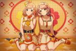  1960s_(style) 1970s_(style) 2girls antique_phone bare_shoulders belt collarbone commentary_request dress hair_ornament idolmaster idolmaster_shiny_colors ikuta_haruki miniskirt multiple_girls official_alternate_costume official_art phone retro_artstyle sakuragi_mano short_hair sitting skirt sleeveless sleeveless_dress smile 