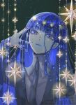  1other black_jacket black_necktie blue_hair blue_lips blue_nails blunt_bangs commentary_request eyelashes gem_uniform_(houseki_no_kuni) highres houseki_no_kuni jacket lapis_lazuli_(houseki_no_kuni) light_smile long_hair looking_at_viewer nail_polish necktie nukumorineko other_focus shirt simple_background solo twitter_username upper_body white_background white_shirt 