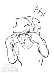 absurd_res anthro breasts clothing dinosaur dromaeosaurid emanata eyes_closed female greyscale hair hatching_(art) hi_res monochrome open_mouth open_smile pointing_at_mouth pointing_at_tongue prehistoric_species reptile saurischian scalie shaded sharp_teeth shirt sketch smile solo teeth therocy_(vitaliachiever) theropod tongue tongue_out topwear vitaliachiever watermark
