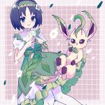  1girl black_hair bob_cut closed_mouth commentary_request dress erika_(pokemon) erika_(sygna_suit)_(pokemon) flower green_dress green_eyes green_hairband grid_background hair_flower hair_ornament hairband highres leafeon looking_at_viewer mkrn_grtn official_alternate_costume pokemon pokemon_(creature) pokemon_masters_ex puffy_short_sleeves puffy_sleeves short_hair short_sleeves smile steepled_fingers 