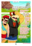 absurd_res anthro bodily_fluids bowser clothing comic dialogue dropsofmoonlight duo english_text eyebrows forest hand_covering_face hi_res human humanoid jungle koopa male male/male mammal mario mario_bros musclegut muscular narrowed_eyes nintendo overweight plant profanity raised_eyebrow scalie suggestive_dialogue sweat sweaty_clothing text tree