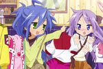  absurdres ahoge blue_eyes blue_hair blush green_eyes highres hiiragi_kagami izumi_konata long_hair lucky_star mole mole_under_eye multiple_girls non-web_source ponytail purple_hair takao_noriko 