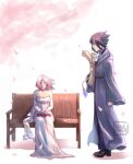  1boy 1girl alternate_universe artist_name bare_shoulders bench black_pants book breasts cleavage closed_eyes commentary dress elbow_gloves english_commentary eyebrows_hidden_by_hair falling_petals gloves grey_robe haruno_sakura holding holding_scroll ireleglitter long_dress medium_breasts medium_hair naruto_(series) naruto_shippuuden pants petals robe scroll sitting sleeves_past_wrists strapless strapless_dress uchiha_sasuke watermark white_dress white_gloves wide_sleeves 