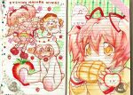  1girl 2000s_(style) animal_hood apple bear_hood care_bears cheer_bear chiikawa clover cosplay eating feathered_wings food four-leaf_clover fruit hachiware_(chiikawa) highres holding holding_stuffed_toy hood kaname_madoka kaname_madoka_(magical_girl) korilakkuma korilakkuma_(cosplay) lennardo_(grim_the_end) magical_girl mahou_shoujo_madoka_magica mahou_shoujo_madoka_magica_(anime) mitakihara_school_uniform mona_(2ch) multiple_views onesie pink_hair red_ribbon ribbon san-x school_uniform short_twintails strawberry stuffed_animal stuffed_toy teddy_bear tomoe_mami tomoe_mami_(cosplay) twintails white_wings wings yellow_eyes 