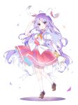  1girl absurdres animal_ears brown_shoes collared_shirt commentary_request full_body gun highres holding holding_gun holding_weapon loafers long_hair looking_at_viewer lunatic_gun necktie pink_skirt puffy_short_sleeves puffy_sleeves purple_hair rabbit_ears rabbit_girl rabbit_tail red_eyes red_necktie reisen_udongein_inaba shirt shoes short_sleeves sia_6767 skirt socks solo tail touhou very_long_hair weapon white_shirt white_socks 