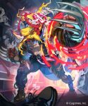  1boy bandana bandana_around_neck belt black_belt black_pants brown_shoes clenched_hands colored_skin commentary_request company_name copyright_notice curved_horns cygames dragon_boy dragon_horns dragon_wings dreadlocks fingernails furry furry_male gallant_gatekeeper highres horns long_fingernails long_hair looking_at_viewer male_focus muscular muscular_male official_art open_mouth outdoors pants red_hair red_skin shadowverse shadowverse:_worlds_beyond shoes solo standing suspenders tail wings xui_ton yellow_bandana 