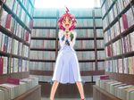  1girl ahoge bloom book book_focus bookshelf bookstore brown_eyes day dress excited game_cg indoors library midou_haori non-web_source open_mouth pink_hair shop short_hair smile solo sweet! too_many too_many_books window yamai 