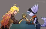 2022 anthro arm_wrestling belt blonde_hair blue_bodysuit blue_clothing blue_eyes blue_skinsuit bodysuit brown_clothing clothing cybernetic_arm cybernetic_limb dated duo ear_piercing ear_ring electricity_from_eyes eyewear eyewear_on_head female female_human furniture goggles goggles_on_head hair hi_res human lombax mammal markings orange_scarf piercing pink_nose prosthetic prosthetic_arm prosthetic_limb purple_body purple_stripes ratchet_and_clank ring_piercing rivet_(ratchet_and_clank) robotic_arm scarf skinsuit snout sony_corporation sony_interactive_entertainment striped_arms striped_ears striped_markings striped_tail stripes table tail tail_markings theartofsilent tight_clothing watermark yang_xiao_long yellow_eyes