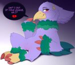 2024 3_claws ankle_tuft anthro arm_tuft arms_bent avian bandai_namco beak beak_closed bedroom_eyes bent_legs black_background black_eyebrows black_speech_bubble broken_heart claws clitoris closed_smile dialogue digimon digimon_(species) digital_media_(artwork) ears_back elbow_tuft english_text eyebrows eyelashes fan_character feather_tuft feathers featureless_chest feet female female_anthro finger_claws front_view full-length_portrait genitals gradient_background green_body green_feathers green_tail green_tuft grey_background half-closed_eyes heart_after_text heart_symbol hi_res humanoid_genitalia humanoid_vulva iris knee_tuft laid_back leg_tuft looking_at_viewer lying meraence mouth_closed multicolored_body multicolored_feathers narrowed_eyes neck_tuft non-mammal_vulva nude nude_anthro nude_female on_back pink_clitoris pink_vulva pinup pivoted_ears portrait pose pubic_mound pupils purple_body purple_feathers purple_text purple_tuft red_claws red_eyes seductive semi-anthro shoulder_tuft simple_background smile smiling_at_viewer smirk smirking_at_viewer solo speech_bubble spread_legs spreading tail tail_feathers talking_to_viewer text toe_claws tuft vulva white_background white_sclera wrist_tuft yellow_beak yellow_feet