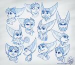 2023 angry annoyed anthro aviator_cap big_ears duo ear_piercing ear_ring eyebrows eyewear eyewear_on_head farorest female goggles goggles_on_head head_tuft heart_symbol hi_res lombax male mammal monochrome multiple_expressions piercing ratchet_(ratchet_and_clank) ratchet_and_clank ring_piercing rivet_(ratchet_and_clank) scarf smile snout sony_corporation sony_interactive_entertainment striped_ears surprised thick_eyebrows tuft