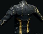  3d amarr_empire_(eve_online) black_jacket blender_(medium) bodysuit clothes_focus commentary company_logo copyright_logo copyright_name dark_background dated english_commentary eve_online from_behind grey_background highres jacket logo long_sleeves marmoset_toolbag_(medium) maya_(medium) no_humans official_art photorealistic realistic undoz upper_body yellow_trim zbrush_(medium) 