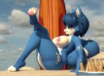 3d_(artwork) alcohol anthro armor beach beer beer_bottle beverage blue_body blue_eyes blue_fur bottle breasts canid canine clothed clothing cloud container crossed_legs cushion digital_media_(artwork) ears_up exposed_breasts feet female fox foxonmain fur hi_res jewelry krystal_(star_fox) looking_at_viewer mammal markings necklace nintendo nipples no_bra raised_leg sitting sky solo star_fox sunset surfboard tail toes tribal tribal_markings white_body white_fur