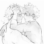  2boys arm_around_shoulder arms_up bakugou_katsuki blush boku_no_hero_academia closed_mouth commentary english_commentary english_text eye_contact freckles from_side frown grey_background greyscale hand_in_another's_hair highres keva_(liltkeva) looking_at_another male_focus midoriya_izuku monochrome multiple_boys muscular muscular_male nipples nude pectorals scar scar_on_arm scar_on_shoulder short_hair simple_background speech_bubble spiked_hair upper_body very_short_hair yaoi 