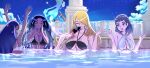  5girls alternate_breast_size_(larger) alternate_hairstyle bea_(pokemon) big_hair bikini black_bikini black_hair blonde_hair blue_eyes blue_trim breasts brown_eyes brown_hair cleavage closed_eyes collarbone commentary criss-cross_halter cynthia_(pokemon) dark-skinned_female dark_skin diantha_(pokemon) english_commentary eyelashes geeta_(pokemon) gold_trim grey_hair hair_down hair_over_one_eye halterneck highres huge_breasts iris_(pokemon) large_breasts long_hair makeup medium_hair multiple_girls open_mouth pink_bikini pokemon pokemon_black_2_and_white_2 pokemon_diamond/pearl/platinum pokemon_scarlet_and_violet pokemon_sword_and_shield pokemon_x_and_y pool purple_hair small_breasts smile smoking swimsuit teeth trait_connection upper_teeth_only very_long_hair white_bikini zuchysdraws 