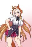  1girl ahoge animal_ears black_bow black_vest blue_eyes blush bow breasts closed_mouth collared_shirt colored_bangs commentary_request cosplay ear_covers frown high_school_dxd highres hikasa_youko horse_ears horse_girl horse_tail kuoh_academy_school_uniform large_breasts long_hair looking_at_viewer multicolored_hair orange_hair orfevre_(umamusume) red_skirt rias_gremory rias_gremory_(cosplay) rottenorang school_uniform shirt short_sleeves single_ear_cover skirt solo tail two-tone_hair umamusume vest voice_actor_connection white_hair white_shirt 