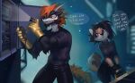 2026 anthro ash_(tlt_echelon) biped bottomwear breasts canid canine canis christian_(shuffl3) clothed clothed_anthro clothed_female clothed_male clothing digital_drawing_(artwork) digital_media_(artwork) domestic_dog dragon duo female fingers front_view fully_clothed fully_clothed_anthro fully_clothed_female fully_clothed_male fur gloves hair handwear hi_res horn male mammal mythological_creature mythological_scalie mythology pants scalie shirt standing tail teeth tlt_echelon topwear