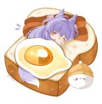  1girl ahoge ameameame_(pororo12khb) bacon bread bread_slice chibi chibi_only closed_eyes commentary cone_hair_bun double_bun food fox_girl fried_egg fried_egg_on_toast hair_bun hair_intakes hair_ornament hair_rings highres inari_(tenko_shibuki) mini_person pom_pom_(clothes) pom_pom_hair_ornament purple_tail simple_background sleeping solo stellive stuffed_toy tenko_shibuki toast twitter_username virtual_youtuber white_background 