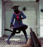  1girl 1other animal_ears artist_name blue_serafuku blue_shirt blue_skirt blue_socks brick_floor bullet_hole cat_ears cat_girl cat_tail claws colored_sclera commentary_request furry furry_female green_sclera gun highres holding holding_gun holding_weapon light_trail long_sleeves original outdoors pov purple_shoes red_claws sailor_collar school_uniform serafuku shaded_face shirt shoes shotgun skirt smoke socks tail torn_clothes torn_sleeves toy(e) weapon yuugai_choujuu 