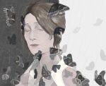  1girl artist_name black_butterfly brown_hair bug butterfly collared_shirt half-closed_eyes highres lettalettaletta mary_shepherd-sunderland parted_bangs parted_lips pink_sweater rain shirt shirt_under_sweater silent_hill_(series) silent_hill_2 solo sweater updo upper_body white_shirt 