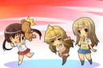  ahoge brown_hair chibi fujioka-kuma long_hair minami-ke minami_chiaki minami_haruka minami_kana multiple_girls necktie rokko school_uniform siblings sisters stuffed_animal stuffed_toy teddy_bear thighhighs throwing twintails yellow_eyes zettai_ryouiki 