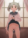  1girl ass_visible_through_thighs backlighting brown_eyes clothes_lift commentary_request curtained_hair dai_(series) daiakuji expressionless grey_hair itou_ryuusei lifting_own_clothes looking_at_viewer navel panties panty_pull pulling_own_clothes pussy school_uniform serafuku short_twintails skirt skirt_lift solo straight-on takega_satsu twintails underwear white_panties window 