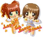  brown_eyes brown_hair cheerleader chibi green_eyes hagiwara_yukiho hahifuhe idolmaster idolmaster_(classic) idolmaster_1 midriff multiple_girls short_hair skirt takatsuki_yayoi twintails wings 