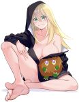  1girl 1other absurdres barefoot black_hoodie blonde_hair blush blush_stickers breasts commentary_request dark_magician_girl duel_monster feet green_eyes highres hood hood_up hoodie kashumashux51 kuriboh large_breasts long_hair long_sleeves naked_hoodie no_bra no_panties smile toes white_background yu-gi-oh! 