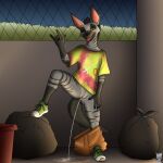 1:1 aardwolf anthro bodily_fluids bottomless clear_urine clothed clothing female footwear genital_fluids genitals goat_(movie) hannah_(goat) hi_res hyena lycadio mammal markings one_eye_closed peeing piercing playstation playstation_button_symbol presenting public shoes sneakers solo sony_corporation sony_interactive_entertainment sony_pictures sony_pictures_animation striped_markings stripes tail tongue tongue_out trash urine urine_stream vulva watersports wink