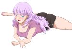  1girl absurdres ass ballet_slippers black_shorts blush braid breasts cleavage commentary_request crossed_arms dolphin_shorts green_eyes highres kiru_(bsesso) large_breasts long_hair looking_at_viewer love_live! love_live!_superstar!! open_mouth pink_shoes purple_hair purple_shirt shirt shoes short_sleeves shorts side_braid simple_background solo split t-shirt thick_thighs thighs white_background wien_margarete 