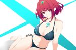  1girl bare_arms bare_legs bare_shoulders barefoot bikini black_bikini breasts bright_pupils chest_jewel cleavage commentary core_crystal_(xenoblade) earrings gem headpiece highres jetaxl_tanuki jewelry large_breasts medium_hair midriff navel pyra_(xenoblade) red_eyes red_hair sitting smile solo swimsuit tiara untranslatable_commentary white_pupils xenoblade_chronicles_(series) xenoblade_chronicles_2 
