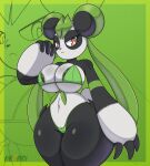 angry anthro areola areola_slip bear big_breasts big_ears bikini bikini_bottom bikini_top black_areola black_body black_claws black_fur black_nose breasts camel_toe claws clothing female fur genitals giant_panda green_bikini green_clothing green_hair green_swimwear hair hexami hi_res leafan_(pal) mammal multicolored_body multicolored_fur orange_eyes pal_(species) palmorph palworld pocketpair pupils solo swimwear thick_thighs twintails_(hairstyle) two-piece_swimsuit two_tone_body two_tone_fur vulva vulva_slip white_body white_fur white_pupils wide_hips
