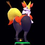 1:1 3d_(artwork) anthro big_breasts big_butt biped black_background black_body braixen breasts bulge bulge_from_behind butt digital_media_(artwork) digitigrade feet fur generation_6_pokemon grass gynomorph gynomorph_anthro hi_res hindpaw huge_butt intersex intersex_anthro looking_at_viewer looking_back luxury_ball neck_tuft nintendo nipple_outline nonotoys paws pinup plant pokeball pokemon pokemon_(species) pose red_eyes simple_background solo tuft white_body wooden_stick yellow_body