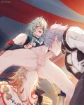  3boys anaxa_(honkai:_star_rail) anilingus ass blonde_hair blush bottomless braid commentary english_commentary fellatio from_below grey_hair group_sex hands_on_another's_legs honkai:_star_rail honkai_(series) k0shpy male_focus mmm_threesome multiple_boys mydei_(honkai:_star_rail) neck_tattoo open_mouth oral oral_sandwich penis phainon_(honkai:_star_rail) saliva short_hair shoulder_tattoo side_braid single_braid tattoo testicles threesome trembling twitter_username uncensored yaoi 