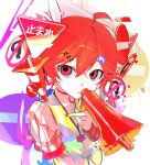  1girl adapted_hairstyle ahoge bow cheap_properties_(utau) commentary_request distortion double-parted_bangs glitch grey_jacket hair_between_eyes hair_ornament hairclip highres holding holding_megaphone jacket kasane_teto kasane_teto_(sv) m888992l7 megaphone parallel_hairclips red_eyes red_hair red_trim road_sign road_sign_hair_ornament sign solo synthesizer_v traffic_cone upper_body utau white_background white_bow 