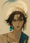  absurdres artist_name arzu_(sultan's_game) baichuan_baichuan brown_eyes brown_hair collarbone commentary_request earrings facial_mark feathers forehead_mark gem green_gem hat hat_feather highres jewelry lips looking_at_viewer parted_bangs parted_lips portrait short_hair simple_background sultan's_game tassel watermark weibo_watermark white_hat 