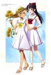  2girls 920-k :d absurdres animage anime_coloring artist_name bare_arms black_hair blonde_hair border bow bowtie brown_eyes collarbone copyright_name copyright_notice dark-skinned_female dark_skin dress earrings eye_contact flower full_body hair_between_eyes hair_bow hat high_heel_sandals high_heels high_ponytail highres holding holding_flower holding_hands jewelry kimi_ga_shinu_made_koi_wo_shitai light_blush lizzy_seiran long_hair looking_at_another magazine_scan matching_outfits maud_ali multiple_girls nail_polish official_art open_mouth outside_border ponytail red_bow red_bowtie red_eyes red_nails sailor_dress sandals scan short_dress short_hair sidelocks sleeveless sleeveless_dress smile standing stud_earrings sun_hat sunflower third-party_source toenail_polish toenails very_short_hair white_border white_dress yellow_bow yellow_bowtie yuri 