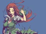  aryus bad_id bad_pixiv_id braid hair_ribbon hong_meiling long_hair multicolored multicolored_eyes red_hair ribbon simple_background solo touhou twin_braids wind 