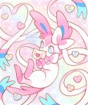  animal_focus atom_palace blue_eyes blush bow bright_pupils candy_heart commentary english_commentary full_body heart heart_in_eye highres letter looking_at_viewer no_humans pink_background pink_fur pokemon pokemon_(creature) pokemon_focus ribbon simple_background solo sylveon symbol_in_eye two-tone_fur white_fur white_pupils 