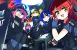  5girls =_= aa-12 ballistic_shield black_gloves blonde_hair blue_eyes blue_hair blush bocchi_the_rock! body_armor bolt_action bow braid bulletproof_vest car_interior combat_helmet commentary drunk ear_piercing english_commentary english_text face_shield fingerless_gloves gloves gotoh_hitori green_eyes gun h&amp;k_mp5 hair_over_shoulder heckler_&amp;_koch helmet hiroi_kikuri holding holding_gun holding_weapon ijichi_nijika kita_ikuyo long_hair looking_at_viewer mole mole_under_eye mouth_hold multiple_girls nose_blush pants phibonnachee piercing pink_hair police police_uniform polka_dot polka_dot_bow purple_hair red_bow red_eyes red_hair rifle riot_helmet riot_police s.w.a.t. sharp_teeth shield shotgun single_braid sniper_rifle stalk_in_mouth submachine_gun sunglasses sweat sweatdrop tactical_clothes teeth turn_pale weapon yamada_ryo yellow_eyes 