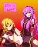  1girl alternate_hairstyle bad_id bad_pixiv_id blonde_hair blue_eyes hiwari kagamine_len long_hair lying megurine_luka pink_hair very_long_hair vocaloid 