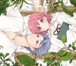  2026 black_ribbon closed_mouth collared_shirt commentary_request couple dated dress_shirt grey_hair hand_in_another's_hair hetero holding holding_notebook jewelry krudears leaf long_sleeves neck_ribbon necklace notebook parted_lips picture_frame pink_eyes pink_hair protagonist_(tokimemo_gs3) puffy_long_sleeves puffy_sleeves purple_eyes ribbon shirt shitara_seiji short_hair smile tokimeki_memorial tokimeki_memorial_girl's_side tokimeki_memorial_girl's_side_3rd_story upper_body white_shirt 