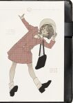  1girl absurdres ahoge bag baichuan_baichuan black_shoes blush bow bowtie brown_eyes brown_hair chinese_commentary collared_shirt commentary_request dated dot_nose full_body hat highres jacket limited_palette loafers long_sleeves open_mouth original photoshop_(medium) pink_jacket pink_skirt shirt shoes short_hair sketch skirt socks solo teeth upper_teeth_only white_shirt white_socks 