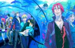  1girl 6+boys aquarium_tunnel blonde_hair blue_jacket bow brown_jacket commentary english_commentary free! grey_hair happy hazuki_nagisa holding holding_stuffed_toy jacket male_focus matsuoka_gou matsuoka_rin mikoshiba_seijuurou multiple_boys nanase_haruka_(free!) nitori_aiichirou open_mouth purple_jacket red_bow red_hair red_jacket rem_(tsulala) ryuugazaki_rei sharp_teeth short_hair stuffed_animal stuffed_otter stuffed_penguin stuffed_toy tachibana_makoto teeth 