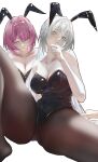  2girls absurdres bare_shoulders black_leotard black_pantyhose blue_eyes breasts cleavage commentary hertano_ohiza heterochromia highres leotard long_hair medium_hair multiple_girls pantyhose pink_hair playboy_bunny purple_eyes remielle_dan sunbringer_(original)_(zenless_zone_zero) very_long_hair white_background white_hair yellow_eyes zenless_zone_zero 